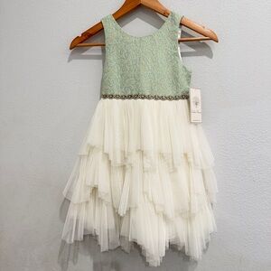 NEW Couture Princess Girls Mint Gold Brocade Tiered Tulle Dress 6X/7